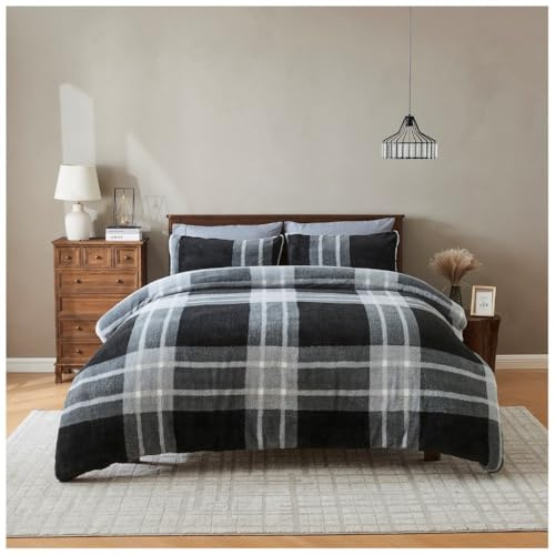 Lions Teddy Bear Bedding - Thermal Reversible Fleece Check Double Bed Duvet Cover Set with Pillowcase, Warm Cosy Quilt Covers, Charcoal Grey, 200x200cm