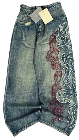 ZNTIHZ Broderi säckiga jeans män high street vintage casual vida ben byxor för vardagskläder