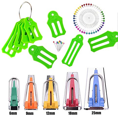HONEYSEW Set of 15 Size Fabric Bias Tape Maker Tools Fabric Sewing Quilting Bias Binding Maker Come with 40 pcs of Multi-Color Quilting Pins Jelly Roll Sasher Tool Set