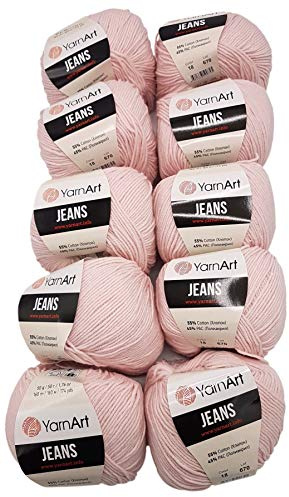 Ilkadim 10 x 50g Strickwolle YarnArt Jeans einfarbig mit 55% Baumwolle, 500 Gramm Wolle Uni (rosa 18)