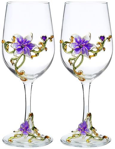 XUDREZ Handmade Painted Enamel Flower Gin Balloon Glass Wine Glass Birthday Gifts for Women Mum Friends Mothers Day, Lead-Free (Purple Lily（Set of 2）)