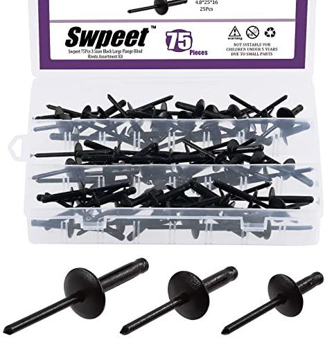 Swpeet 75 remaches ciegos de aluminio de brida grande negros de 3/16 x 3/8 pulgadas, 4/5 pulgadas, 1 pulgada, kit de remaches negros de extremo abierto para uso en interiores y exteriores