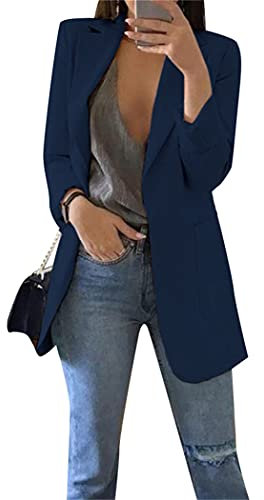 OMZIN Damen Business Langarm Blazer Jacke Offene Front Lose Strickjacke Baumwolle Slim Fit Blazer mit Taschen Navy Blau 3XL