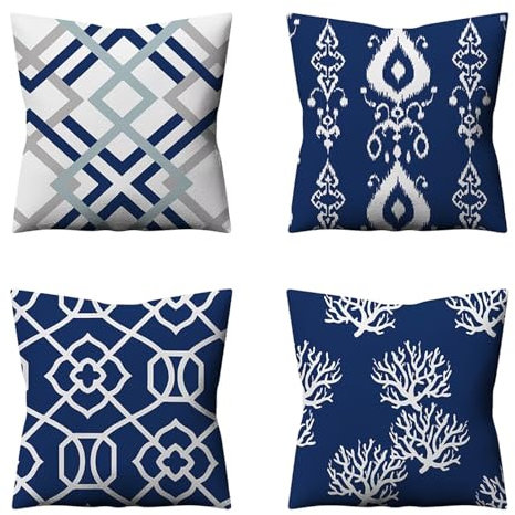 Lot de 4 Housses de Coussin imperméables 35x35cm,Housse de Coussin d'extérieur Lin avec Fermeture à Glissière Invisible Chambre,Extérieur,Canapé,Jardin Taie d'oreiller Corail géométrique bleu foncé