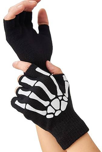OTPEH Skeleton Gloves For Women Men Adults Fingerless Goth Gloves Glow In The Dark Halloween Costume Emo Accessories