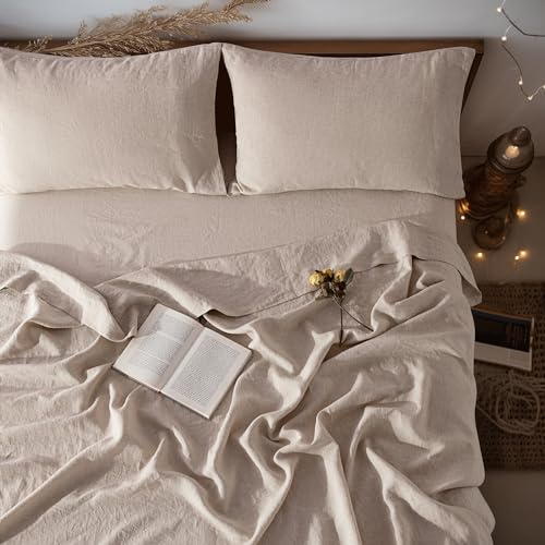 LBRO2M 100% Pure Linen Sheet Set Deep Pocket Up to 16 Bed Sheets Sets, Natural Flax Beddings Soft, Breathable, Comfortable for All Seasons 4 Pcs Sheet Set King Size, Linen Color