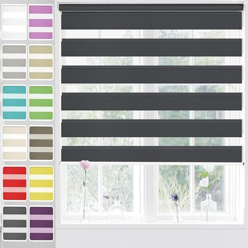 Estor Enrollable de Doble Capa, 95 x 320 cm Proteccion Solar. Estores Cortinas Portátiles Incluye Accesorios para Puertas y Ventanas, Gris Oscuro