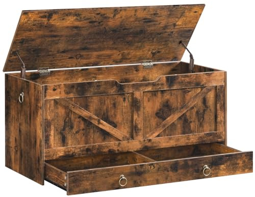 HOOBRO Storage Chest, 43.3 Toy Chest with Drawer, Wooden Storage Bench, Sturdy Entryway Bench Supports 220 lb, Shoe Bench, Safety Hinge, U-Shaped Opening, Easy Assembly, Rustic Brown FG711CW01G1