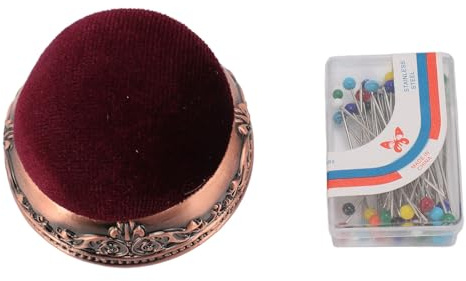 Vintage Pin Cushion, Soft Elastic Metal Base, Half Ball Shape, Retro Needle Cushion, Sewing Quilting with Box of Needles (1)