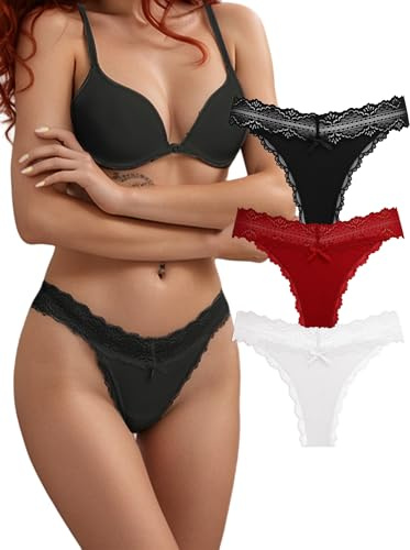 FULLJOYLOVE Sexy Femmes String Culotte Chaude Dentelle Slip Doux Haute Élasticité Taille Invisible sous-Vêtements Dentelle Noeud Culotte G-String et Tangas 3 pièces