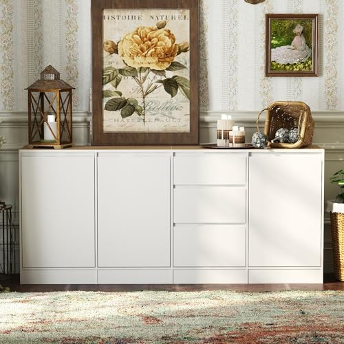 DEZAGCE Meuble de rangement à 3 portes et 3 tiroirs, buffet, buffet avec étagères, commode, armoire de stockage multifonctionnelle, pour salon, cuisine, couloir, 80 x 180 x 35 cm, MDF, blanc