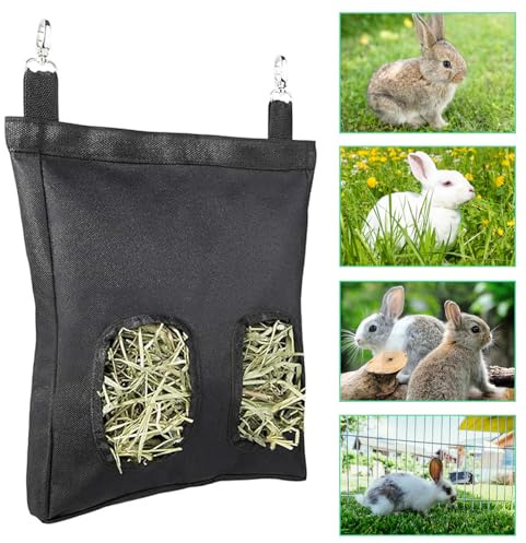Rabbit Hay Feeder, Large Capacity Guinea Pig Hay Feeder, 2 Holes Easy Cleanse and Fold Hay Feeder Rabbit for Small Animals, 600D Oxford Cloth Hanging Hook Pets Hay Bag(Black)