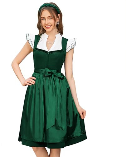 DIRNDLSTERN Damen Trachtenrock Grün - Midi Trachtenkleid für Oktoberfest Leinen Dirndlkleid mit Dirndlschürzen 42