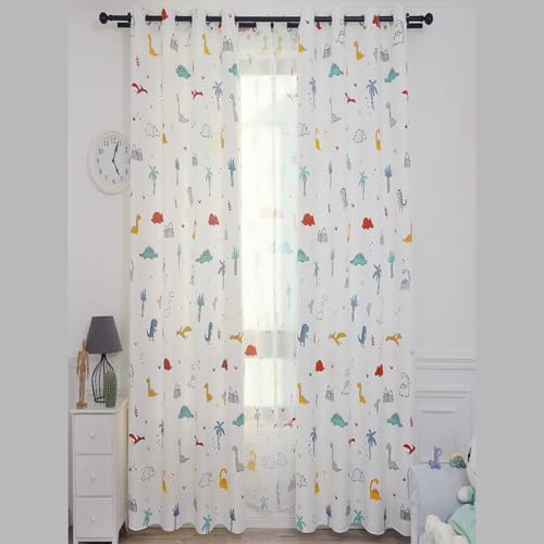 Generico Cortina de dinosaurios para habitación infantil, 280 x 140 cm, blanca con estampados de colores, ojales de metal, cortina opaca