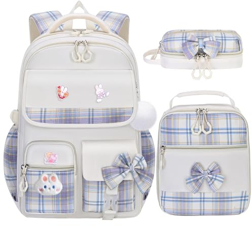 NSEQB Girls Backpack,3pcs Kids School Backpack With Lunch Box Pencil Case Set,Cute Childrens Schoolbag For Primary Elementary Middle (Beige 3PCS)