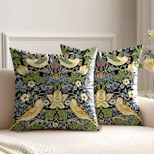 HUASHUZI Cushion Covers William Morris 45x45cm Gifts for Women Strawberry Thief Decorations Double Sided Pattern Throw Pillow Case Set of 2 Home Decor for Sofa Bench Couch