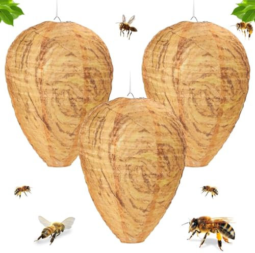 3 Stück Wespennest Attrappe, Hornissennest Attrappe, Künstliches Wespennest aus Wetterfest Stoff, Wespenabwehr, Wespenfalle Künstliche Nest, Hängen Gefälschte Wespennest für Balkon/Garten Outdoor