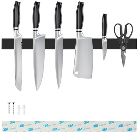 Soporte magnético para cuchillos de 40 cm, color negro, sin taladrar, con tiras adhesivas 3M y tornillos extendidos, barra de cuchillos para cuchillos, utensilios, herramientas, organización de la