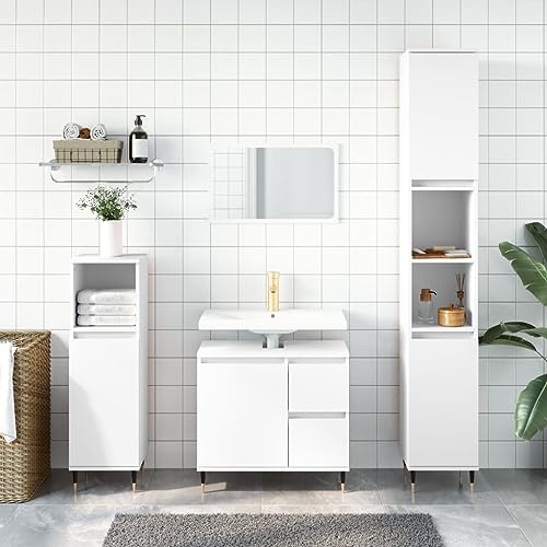 Holamys 3-TLG. Badrumsmöbelset vit, träbaserade material, järnben, 30 x 30 x 190 cm, fuktbeständig, modern design för badrum, gott om förvaringsutrymme, praktiskt
