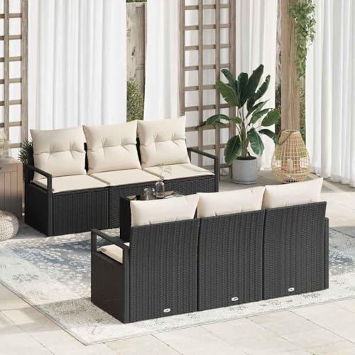 Frdhee Lot de 7 petits canapés de jardin, salon de jardin, en polyrotin noir et crème, groupe de bancs d'angle pour balcon, terrasse, cour arrière