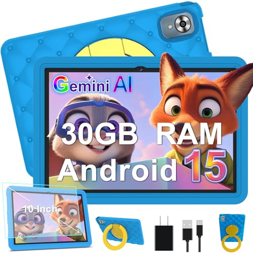 DMOAO Tablet Bambini 10 Pollici Android 15 con 30GB RAM, 5G Wi-Fi 6, 64GB ROM(TF 2TB), Control Parental, Octa-Core, 8MP+5MP, 6000mAh, Custodia Protettiva EVA + Supporto Girevole a 360°, Blu