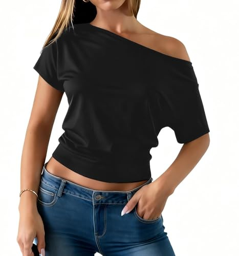 EZBELLE Off The Shoulder Tops for Women Summer Solid Short Sleeve Blouse | Asymmetrical Side Ruched Shirts, Going Out Tunic Top, Batwing T Shirts, Crop Stretch Nice Tops, Ladies Fancy Shirt, Clubbing