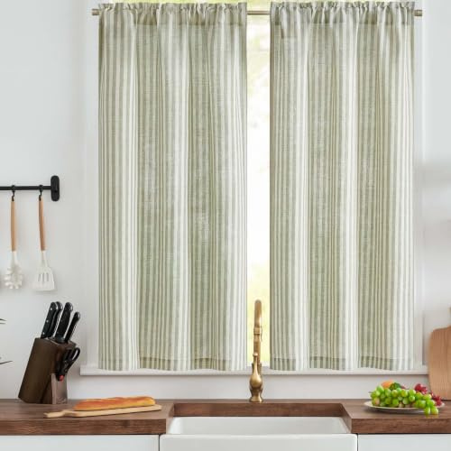 TOPICK Kitchen Curtains, Green Striped Cafe Curtain 2 Panels, W26xL54 Inch | 54 Inch Drop Rod Pocket Linen Look Curtains, Light Filtering Privacy Drapes for Bathroom, Bedroom, Sink, Basement, Caravan