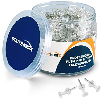 215 Clear Push Pins for Bulletin Board Thumb Tacks for Wall Corkboard Map Calendar Photo -Home Office Craft Projects Heavy Duty Plastic Head Steel Pin (215 Clear)