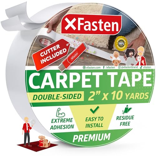 XFasten Double-Sided Carpet Tape for Area Rugs, 2 Inch x 10 Yards (30 Ft) w/Mini Cutter, Heavy Duty Grippy Residue-Free Silicone Adhesive Keeps Rugs in Place on Hardwood, Laminate and Tile Floors
