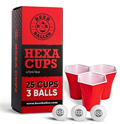 BeerBaller® Hexa Red Cups - WENIGER RANDTREFFER Dank 6-ECKIGER Form! 25 rote Beer Pong Becher & 3 Bier Pong Bälle | 473ml - 16oz Partybecher | Bierpong Becher Set | Red Cups | Beerpongbecher