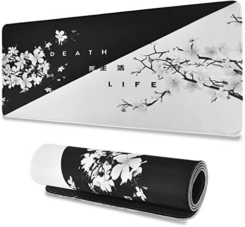 Größere Gaming Mauspad, schwarz und weiß Cherry Blossom, Genähte Kanten, Mauspad, Lange rutschfeste Gummiunterseite, 300x800x2mm, für PC, MacBook, Laptop