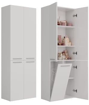 CDF Badezimmerschrank Bad Schrank Mit Wäschekorb Weiß Badschrank Mehrzweckschrank Badregal Stehend Hochschrank Schublade Tür Bodenschrank Allzweckschrank 1 Wäschekorb 174 x 60 x 30