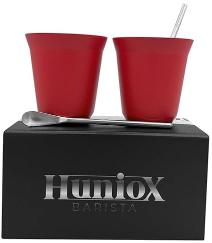 Huniox® 2 x 160 ML kaffee Gläser - Espressobecher - Gläser Doppelwandig - Becher Edelstahl - Edelstahl Kaffeebecher - Kaffetassen - Doppelwandige Espressogläser - Espresso Cups (RUBY, 160 ML)