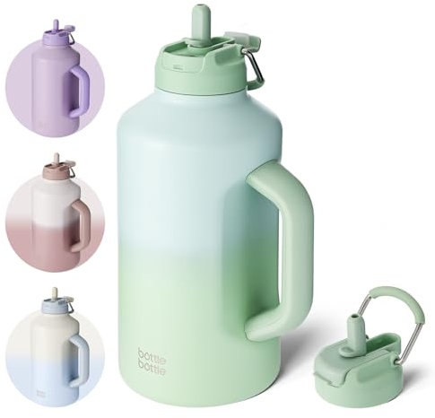 BOTTLE BOTTLE Borraccia termica da 1,9 l, con cannuccia e coperchio a doppio uso, in acciaio inox, con manico, sottovuoto, in acciaio inox, per allenamento e sport (verde sfumato)