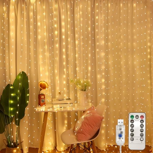Jsdoin Curtain Fairy Lights, 3.6m x 3m 360leds USB Operated 8 Modes String Light Indoor Waterproof Hanging Window Lights with Hooks for Christmas, Wedding, Party,Wall, Home Decorations (Warm White)