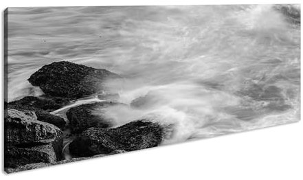 Onde oceaniche sulle rocce panoramiche, 80 x 40 cm, effetto: bianco e nero, stampa digitale di alta qualità con cornice