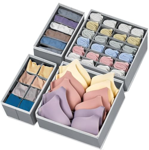 SURLIFE Organizer Cassetti Armadio, Set di 4 Organizzatori per Biancheria Intima Pieghevole, Divisori per Cassetti Salvaspazio, per Reggiseni, Mutande, Calzini, Cintura, Cravatta (GRIGIO CHIARO)