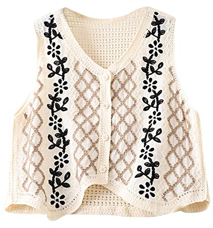 FANJABA Gilet sans manches en tricot au crochet ajouré vintage pour femme avec boutons et motif floral, Abricot noir, Length:42cm(16.54inch)