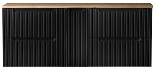 Lomadox Meuble de salle de bain double lavabo 140 cm, en noir avec chêne, avant rainuré, sans poignée