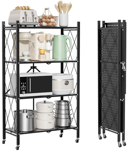 VELPAX Klappbares Regal mit Rollen,4 Etagen Faltbare Aufbewahrungswagen Einheit,Metallregal Schwarz, Eignung Lagerregal, Klappregal für die Küche, Büro，Repository