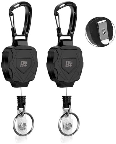 NEO+ Paquete de 2 llaveros retráctiles, carrete retráctil de alta resistencia, soporte para tarjetas de identificación con clip para cinturón, cable de acero de 82 cm, rodamiento de 226.8 g