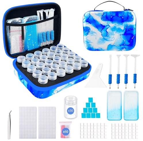 SuSentak 30 Slot Diamond Art Storage Box | Blue Bead Organizer Case with Drill Tools, Portable Craft Box, For 5D DIY Art Kits