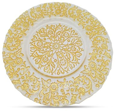 Luxury Royal Gold Art Design Glass Charger Plate – 33cm Round Underplate for Weddings, Decorations, Parties, Special Events Anniversary, Birthday, Party, Tableware, Catering Events – 1 Pc