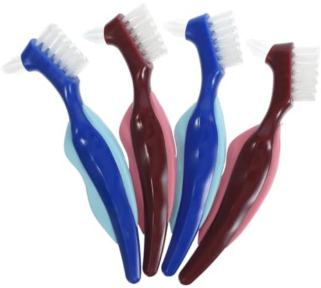 FRCOLOR Brosse Pour Prothèses Dentaires Double Face Lot De 4 Pcs Rouge Et Bleu Manche Ergonomique Nettoyage Voyage Entretien Des Appareils Dentaires Pour Seniors