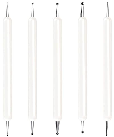 5 Pcs Double-Ended Embossing Stylus Set (10 Tips: 1.0-3.0mm), White Handle Metal Dotting Tools for Carbon Transfer, Tracing, Mandala Painting, Clay Sculpture & Nail Art - 5.1 Inch Length