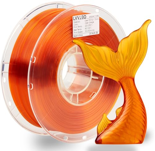 LVVJ3D Transparent Orange PETG Filament 1.75mm– High-Toughness PETG 3D Printer Filament, Dimensional Accuracy +/- 0.03mm, FDM Printer Compatible, Clear Orange 1kg/Spule