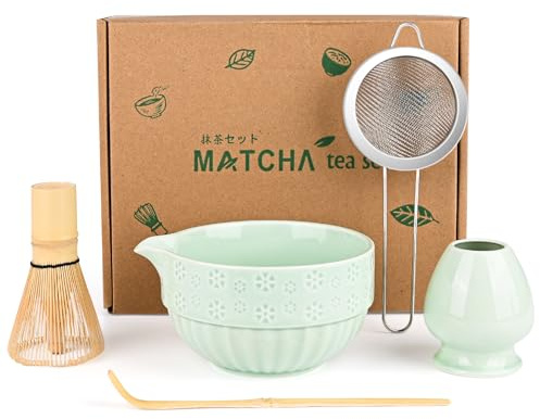 LustLocke 5 Pièces Matcha Kit, Service à thé Japonais, Ensemble de fouet à Matcha, Bol à Matcha en Bambou (Chasen), Cuillère (Chashaku), Support de Fouet à Matcha, Tamis Inox (Turquoise avec bec)