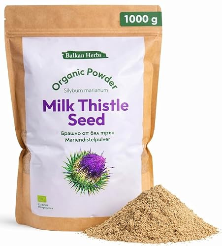Balkan Herbs Poudre de chardon-Marie BIO 1 kg, la plante médicinale la plus efficace pour le foie, source 100 % pure de silymarine, graines finement moulues (400 microns, silybum marianum), naturelles