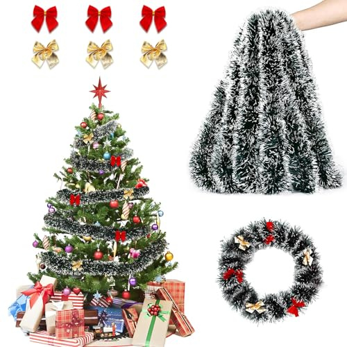 LIANRISES 10M Guirnalda Navidad, Verde Oscuro y Blanco Espumillón Navidad Pino y 6 Lazos Arbol, Decoración para Árbol, Chimenea, Escaleras, Puertas, Ventanas, Exterior e Interiores para Bodas, Fiesta