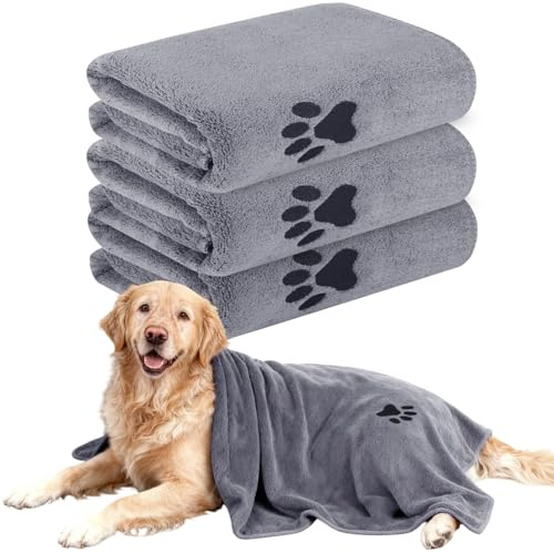 Lot de 3 serviettes pour chien - Extra absorbantes - Pour chiens et chats - Gris - Séchage rapide - En microfibre - 100 x 500 cm - Pour chats, chiens ou autres animaux de compagnie